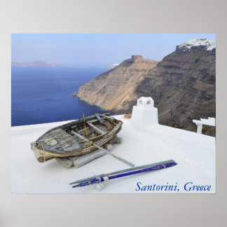 Poster Un vieux bateau sur le toit d'une maison à Santori