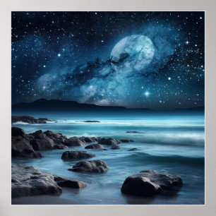 Poster Un voyage océanique bleu sous un ciel étoilé.