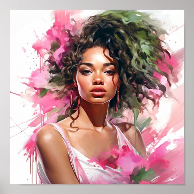 Poster Une Africaine Américaine Peinture rose et verte (Devant)