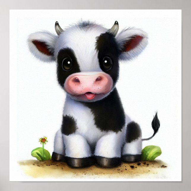 Poster Une aquarelle 3D Image d'une jeune vache Holstein (Devant)
