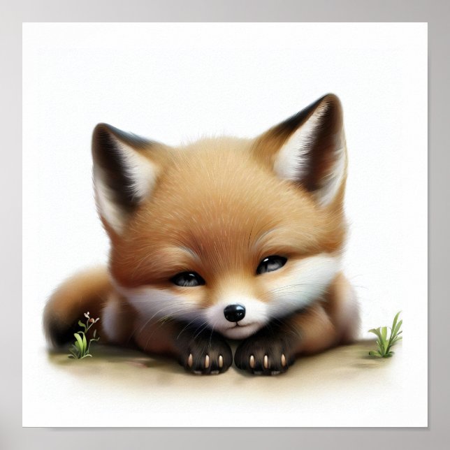 Poster Une aquarelle 3D Peinture d'un jeune Fox mignon (Devant)
