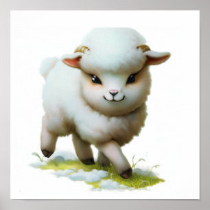 Poster Une aquarelle en 3D Image d'un mouton à jeunes den