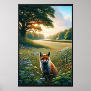 Poster Une belle aquarelle Renard rouge au coucher du sol