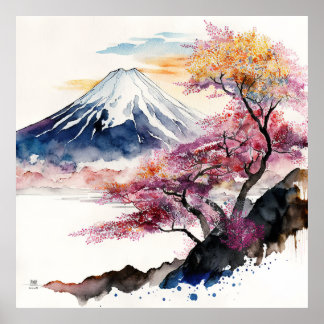 Poster Une belle aquarelle sur le Mont Fuji