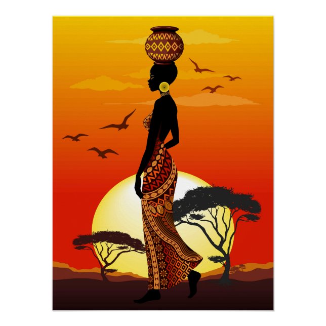Poster Une belle femme africaine Silhouette sur les solei (Devant)