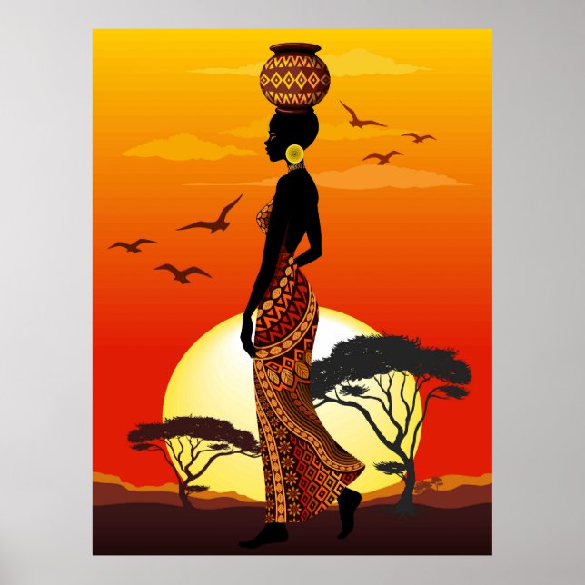 Poster Une belle femme africaine Silhouette sur les solei (Devant)
