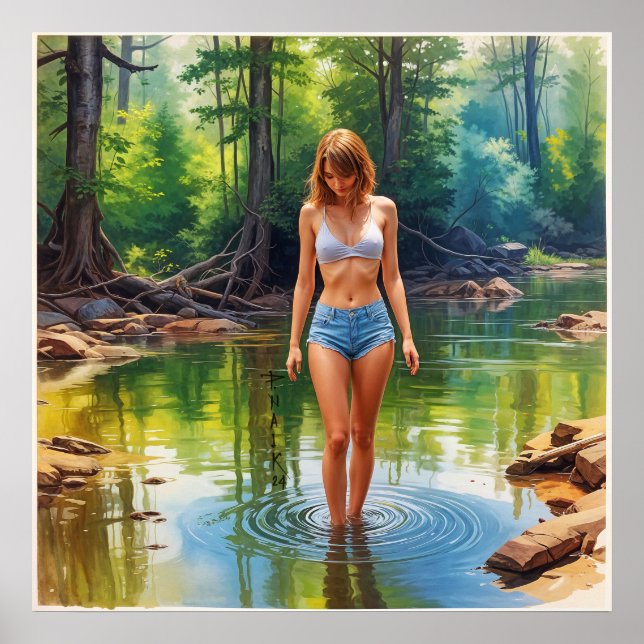 Poster Une belle fille dans l'étang couleur huile Peintur (Devant)