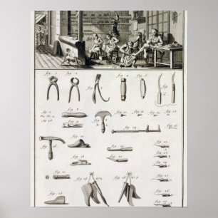 Poster Une chaussure et un bottier et leurs outils, de la