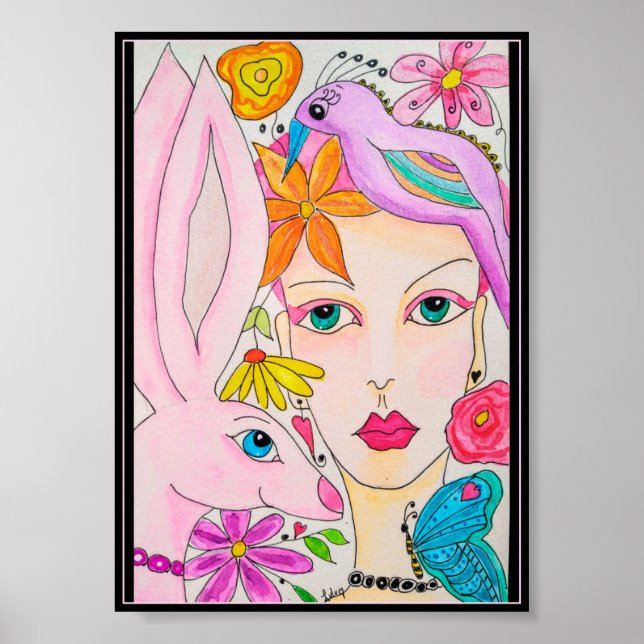 Poster Une dame, un lapin et un oiseau (Devant)