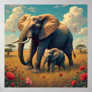 Poster Une douce maman sentimentale et un éléphant de béb