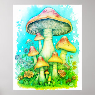 Poster Une famille de champignons verts sur fond blanc mu