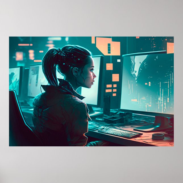 Poster Une femme à un ordinateur dans une ville du futur (Devant)