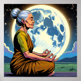 Poster Une femme âgée méditant sous la lune