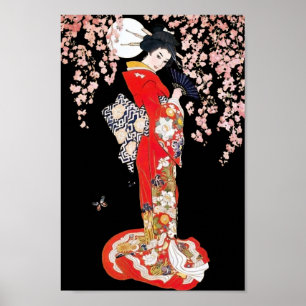 Poster Une femme asiatique avec une nuit de fleurs de cer