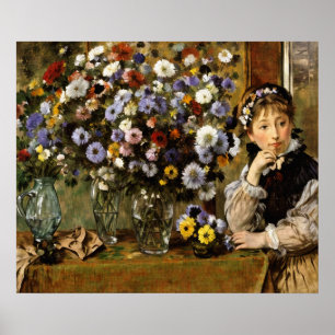 Poster Une femme assise à côté d'un vase de fleurs