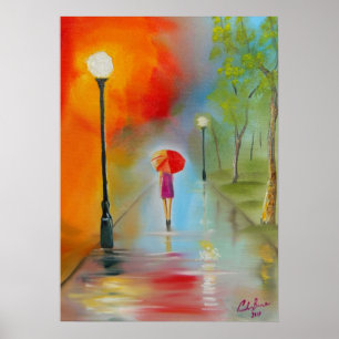 Poster Une femme avec un parapluie rouge peint le jour de