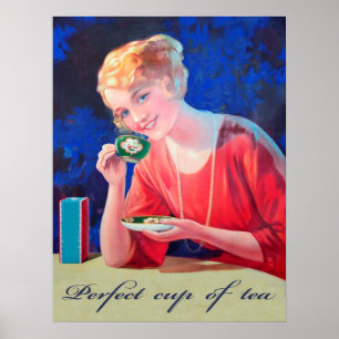 Poster Une femme boit une tasse de thé parfaite, vintage