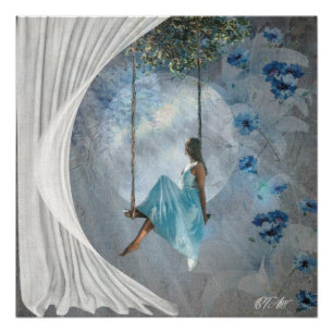 Poster Une femme en robe bleue sur un swing