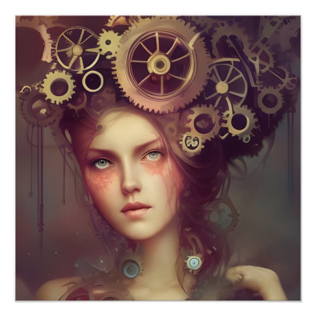 Poster Une femme imaginaire avec des engrenages de steamp (Devant)