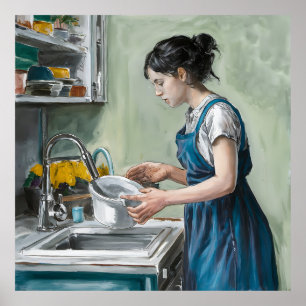 Poster Une femme lave la vaisselle dans une cuisine bleue