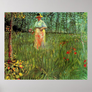 Poster Une femme marchant dans un jardin
