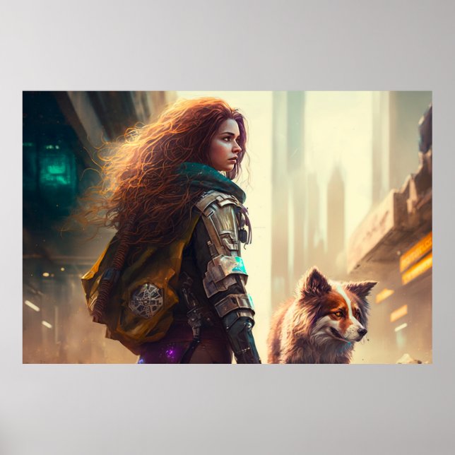 Poster Une femme marche son chien dans une ville du futur (Devant)
