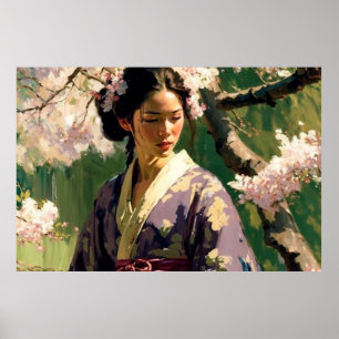 Poster Une femme marche sous les cerisiers par un jour en