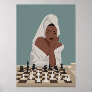 Poster Une femme noire jouant aux échecs, style boho.