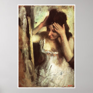Poster Une femme qui se combe les cheveux devant un miroi