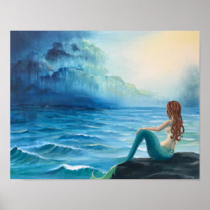 Poster Une femme regarde un bateau sur la mer des tempête