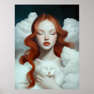 Poster Une femme rouge haïe tenant un chat dans les nuage
