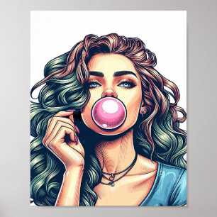 Poster Une femme soufflant bulle gomme bulle art
