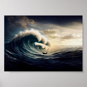 Poster Une femme sur un petit bateau naviguant dans l'océ