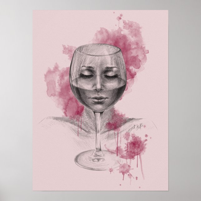 Poster Une femme visage dans le verre de vin dessin surré (Devant)
