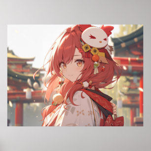 Poster Une fille d'anime traditionnelle aux cheveux rouge