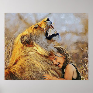 Poster Une fille embrassant le mur d'art du lion pour déc