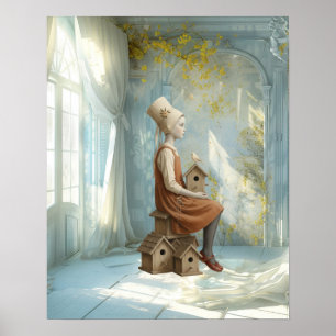 Poster Une fille et ses nichoirs   Livre illustré surréal
