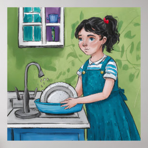 Poster Une fille lave la vaisselle dans une cuisine verte