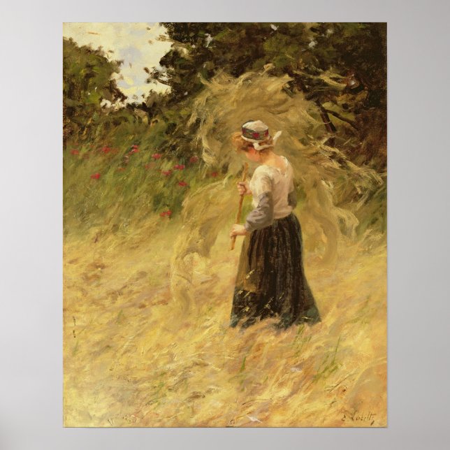 Poster Une fille qui récolte le foin, 19e siècle (Devant)