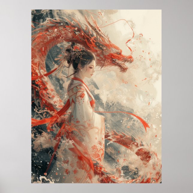 Poster Une fille traditionnelle devant l'affiche rouge (Devant)