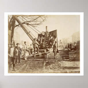 Poster Une grue à vapeur en fonctionnement pendant la con