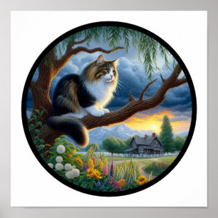 Poster Une image 3D circulaire d'un chat domestique à poi