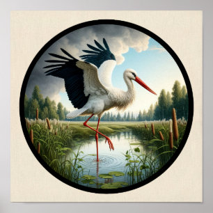 Poster Une image 3D circulaire d'une belle cigogne blanch