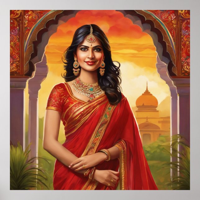 Poster Une Indienne au temple portant un saree traditionn (Devant)