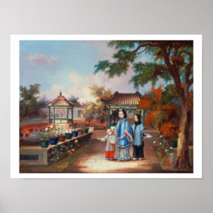 Poster Une mère avec ses enfants dans un jardin chinois, 