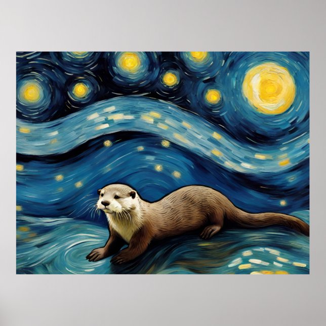 Poster Une Otter dans la mer de nuit étoilée (Devant)