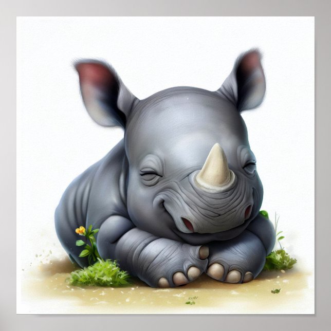 Poster Une peinture numérique d'un jeune joli rhinocéros (Devant)