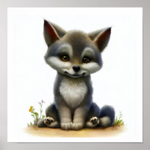 Poster Une peinture numérique d'un jeune loup mignon