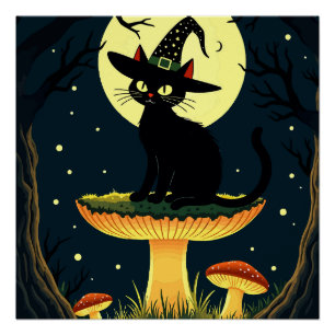 Poster Une petite chatte noire et mystérieuse assise sur
