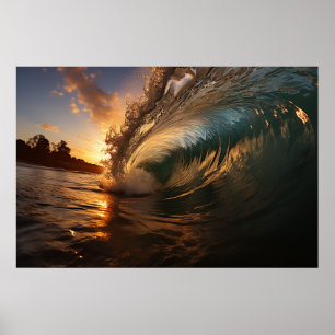 Poster Une photo de fond d'une vague géante au coucher du